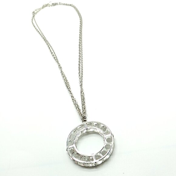 Open Circle Rhinestone Pendant Necklace Double Silver-tone Chain 2 Lobster Clasp - Picture 1 of 16